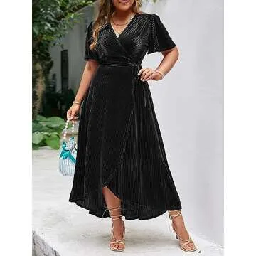 BerryGo Women's Plus Size Velvet Holiday Wrap Dress Winter Wedding Guest semi Formal Cocktail Maxi Dress Black 2XL
