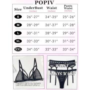 popiv Women's Sexy Lingerie Set with Garter Belt Matching Bra and Panty Lingeries Sets 4 Piece Black