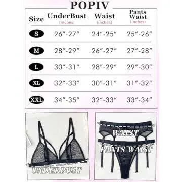 popiv Women's Sexy Lingerie Set with Garter Belt Matching Bra and Panty Lingeries Sets 4 Piece Black