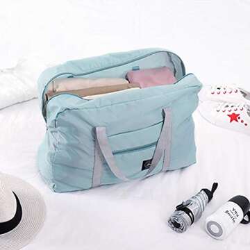 Foldable Travel Duffel Bag 2PCS Tote Carry on Luggage Bag Spirit Airlines Personal item Sports Gym Bag Water Resistant Weekender Overnight Bags for Women and Men (Green+Blue)