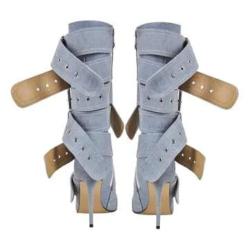 richealnini Sexy Pointed Toe Ankle Boots with Chains Adjustable Buckles Stiletto Heel Zip Up Mid Calf Booties Punk Motorcycle Riding Boots for Nightclub Wedding Bridal Party Denim Boots Blue Size 9.5