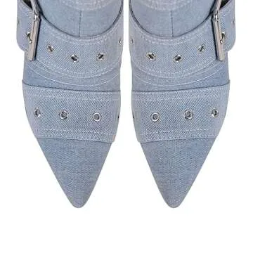 richealnini Sexy Pointed Toe Ankle Boots with Chains Adjustable Buckles Stiletto Heel Zip Up Mid Calf Booties Punk Motorcycle Riding Boots for Nightclub Wedding Bridal Party Denim Boots Blue Size 9.5