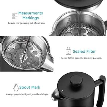 French Press Coffee Maker 34 Oz - Insulated Coffee Press Stainless Steel 304 - Double Wall & 4 Level Filtration System (1 Liter) - Black