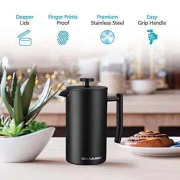 French Press Coffee Maker 34 Oz - Insulated Coffee Press Stainless Steel 304 - Double Wall & 4 Level Filtration System (1 Liter) - Black