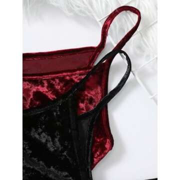 SOLY HUX Women's 2 Piece Velvet Cami Top V Neck Spaghetti Strap Solid Tops Black and Burgundy Medium