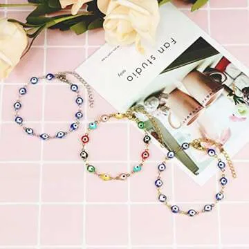 DIJUGS 3 Pcs Evil Eye Bracelet for Women Men 18K Gold Plated Stainless Steel Handmade Adjustable Amulet Evil Eyes Jewelry for Family Best Friends Gifts (3 pcs, gold,steel,Colorfule)