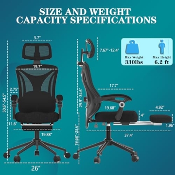 Ergonomic Office Chair with Footrest - Adjustable Lumbar Support & Headrest, 90-160° Reclining Mesh...