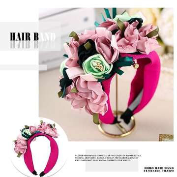 Goresory Pink Rose Flowers Headbands Boho Wide Headband Wedding Floral Hairband Prom Party Festivlal...