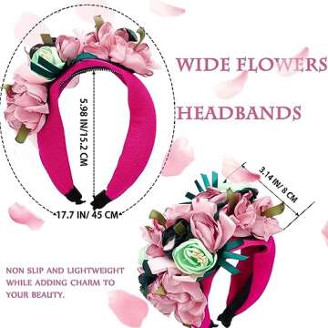 Goresory Pink Rose Flowers Headbands Boho Wide Headband Wedding Floral Hairband Prom Party Festivlal Photo Hair Accessory for Women