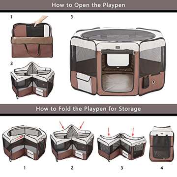 DONORO Dog Playpen 46" Portable Pet Play Pens for Small Medium Dogs, Cat Playpen Indoor/Outdoor with Carring Case, Removable Zipper Top and Bottom (Brown, Large (46"x46"x23"), 8)