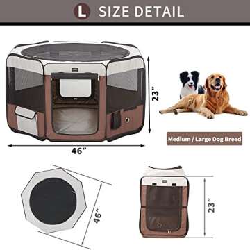 DONORO Dog Playpen 46" Portable Pet Play Pens for Small Medium Dogs, Cat Playpen Indoor/Outdoor with Carring Case, Removable Zipper Top and Bottom (Brown, Large (46"x46"x23"), 8)