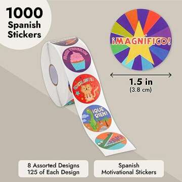 BLUE PANDA 1000 Pack Spanish Motivational Stickers for Classroom - Bulk Reward Stickers for Kids, Teacher School Supplies (8 Assorted Designs, 1.5 in)