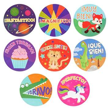 BLUE PANDA 1000 Pack Spanish Motivational Stickers for Classroom - Bulk Reward Stickers for Kids, Teacher School Supplies (8 Assorted Designs, 1.5 in)