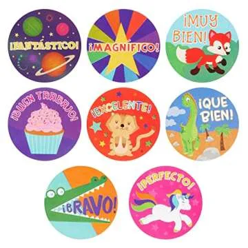 BLUE PANDA 1000 Pack Spanish Motivational Stickers for Classroom - Bulk Reward Stickers for Kids, Teacher School Supplies (8 Assorted Designs, 1.5 in)
