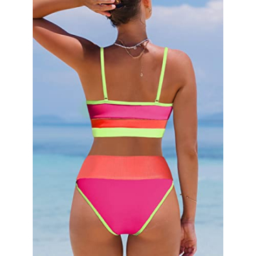 Hilinker Women's High Waisted Swimsuit Hot Pink Two Piece
