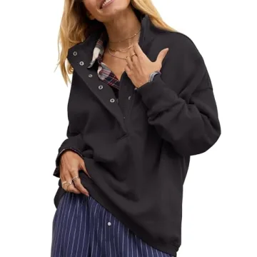Gacaky Sweatshirt for Women Oversized Casual Long Sleeve Button Henley Neck Pullover Tops Fashion Outfits Clothes Black S