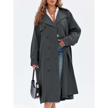 Tankaneo Womens Double Breasted Long Trench Coat Oversized Classic Lapel Belted Overcoat