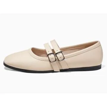 Coutgo Womens Mary Jane Flats Shoes Dressy Comfortable Square Toe Double Strap Soft Work Slip on Ballet Flat, Beige, Size 5