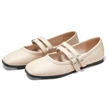 Coutgo Womens Mary Jane Flats Shoes Dressy Comfortable Square Toe Double Strap Soft Work Slip on Ballet Flat, Beige, Size 5