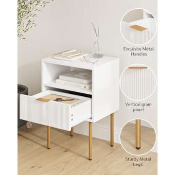 Masupu Nightstand,Mid-Century Modern Bedside Table with Storage Drawer and Open Wood Shelf,Small Gold Frame Side Table for Bedroom,Living Room,White