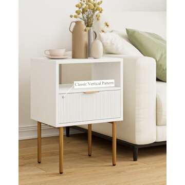 Masupu Nightstand,Mid-Century Modern Bedside Table with Storage Drawer and Open Wood Shelf,Small Gold Frame Side Table for Bedroom,Living Room,White