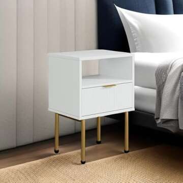 Masupu Nightstand,Mid-Century Modern Bedside Table with Storage Drawer and Open Wood Shelf,Small Gold Frame Side Table for Bedroom,Living Room,White