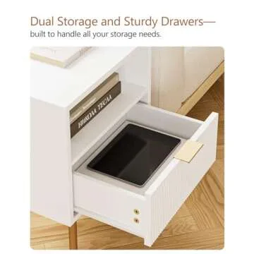 Masupu Nightstand,Mid-Century Modern Bedside Table with Storage Drawer and Open Wood Shelf,Small Gold Frame Side Table for Bedroom,Living Room,White