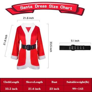 Women Santa Claus Costumes Suit Mrs Santa Cosplay Costume Outfit Dress One Size with Belt and Hat（...