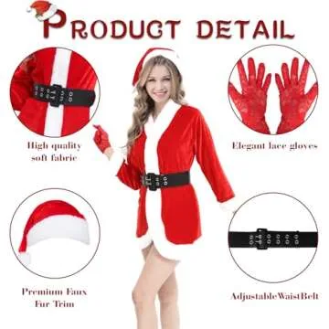 Women Santa Claus Costumes Suit Mrs Santa Cosplay Costume Outfit Dress One Size with Belt and Hat（3 Piece）