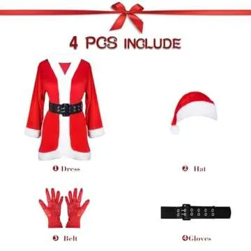 Women Santa Claus Costumes Suit Mrs Santa Cosplay Costume Outfit Dress One Size with Belt and Hat（3 Piece）