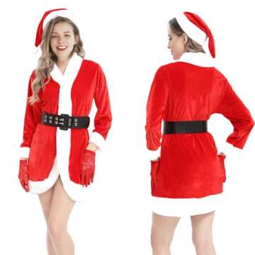 Women Santa Claus Costumes Suit Mrs Santa Cosplay Costume Outfit Dress One Size with Belt and Hat（3 Piece）