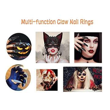 Bestga 10 Pcs Gothic Halloween Claws Fake Nails Ring Set, 3 Sizes Crystal Full Finger Rings