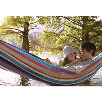 Sorbus® Brazilian Double Hammock - Extra-Long Two Person Portable Hammock Bed for Indoor or Outdoor Spaces - Hanging Rope, Carrying Pouch Included (Blue/Sand/Purple/Red Stripes)