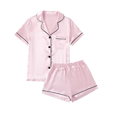 LYANER Women's Satin Pajamas Set - Short Sleeve Button Shirt & Shorts Set in Baby Pink