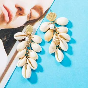 SAKAIPA Ladies Pearl Shell Pendant Earrings Women'S Fashion Light Jewelry Geometric Jewelry Jewelry (White shell earrings)