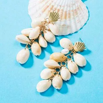 SAKAIPA Ladies Pearl Shell Pendant Earrings Women'S Fashion Light Jewelry Geometric Jewelry Jewelry (White shell earrings)