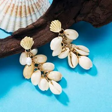 SAKAIPA Ladies Pearl Shell Pendant Earrings Women'S Fashion Light Jewelry Geometric Jewelry Jewelry (White shell earrings)