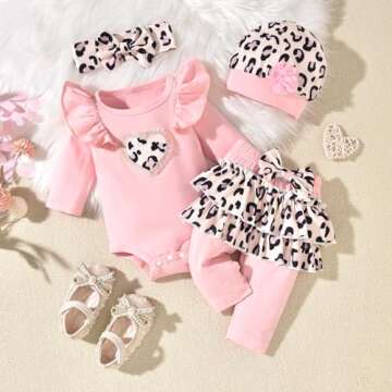 fioukiay Newborn Baby Girl Clothes Infant Girls Leopard Love Printed Romper and Ruffle Pants Sets 4p...