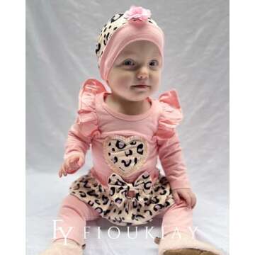 fioukiay Newborn Baby Girl Clothes Infant Girls Leopard Love Printed Romper and Ruffle Pants Sets 4pcs Winter Fall Outfits(Pink, Preemie)
