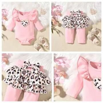 fioukiay Newborn Baby Girl Clothes Infant Girls Leopard Love Printed Romper and Ruffle Pants Sets 4pcs Winter Fall Outfits(Pink, Preemie)
