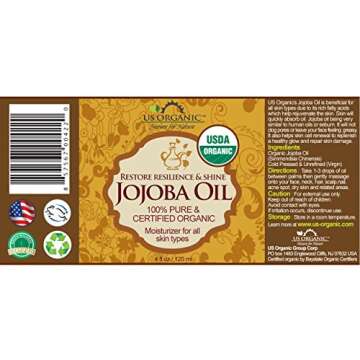 US Organic Jojoba Oil, USDA Certified Organic,100% Pure & Natural, Cold Pressed Virgin, Unrefined, Haxane Free, Sourced from Middle East Directly (Medium (4oz, 115ml))