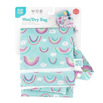 Bumkins Waterproof Wet Dry Bag for Baby, Travel, Swim Suit, Cloth Diapers, Pump Parts, Pool, Gym Clothes, Toiletry, Strap to Stroller, Daycare, Zip Reusable Bag, Wetdry Packing Pouch, Rainbows Blue