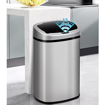 GINMAON Automatic Trash Can 13 Gallon Garbage Can with Lid Stainless Steel Large Capacity Touchless ...