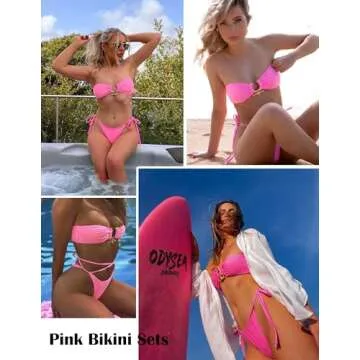 ZAFUL Sparkly Strapless Cheeky Bikini Sets Two Piece Swimsuits for Women Bandeau Thong Swimwear Light Pink S