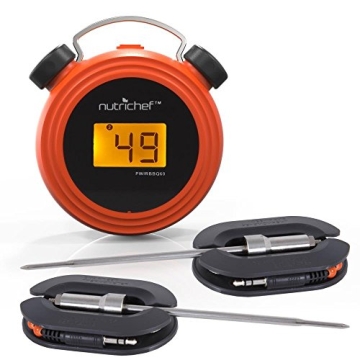 NutriChef Smart Bluetooth BBQ Grill Thermometer - Digital Display, Stainless Dual Probes Safe to Lea...