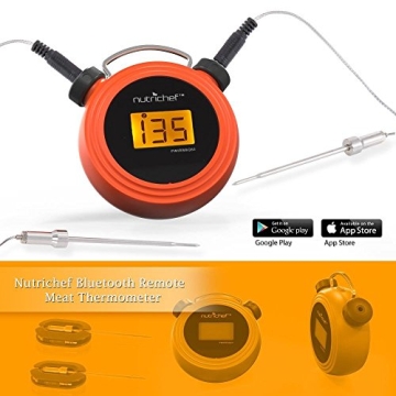 NutriChef Smart Bluetooth BBQ Grill Thermometer - Digital Display, Stainless Dual Probes Safe to Leave in Outdoor Barbecue Meat Smoker - Wireless Remote Alert iOS Android Phone WiFi App - PWIRBBQ60
