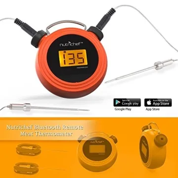 NutriChef Smart Bluetooth BBQ Grill Thermometer - Digital Display, Stainless Dual Probes Safe to Leave in Outdoor Barbecue Meat Smoker - Wireless Remote Alert iOS Android Phone WiFi App - PWIRBBQ60