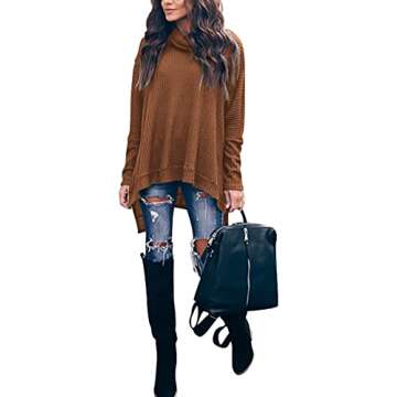 ANRABESS Women's Oversized Turtleneck Batwing Long Sleeve Waffle Knit Tunic Sweater Top 2024 Fall Trendy Pullover Shirts Caramel Small