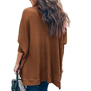 ANRABESS Women's Oversized Turtleneck Batwing Long Sleeve Waffle Knit Tunic Sweater Top 2024 Fall Trendy Pullover Shirts Caramel Small