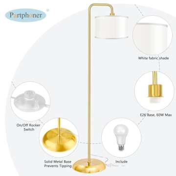 [Upgraded] LED Floor Lamp for Living Room, 3 Color Temperature Floor Lamp with Foot Switch Modern Standing Lamp Tall Pole Floor Reading Lamp for Bedroom, Study Room, Office, 9W Bulb Included, Gold